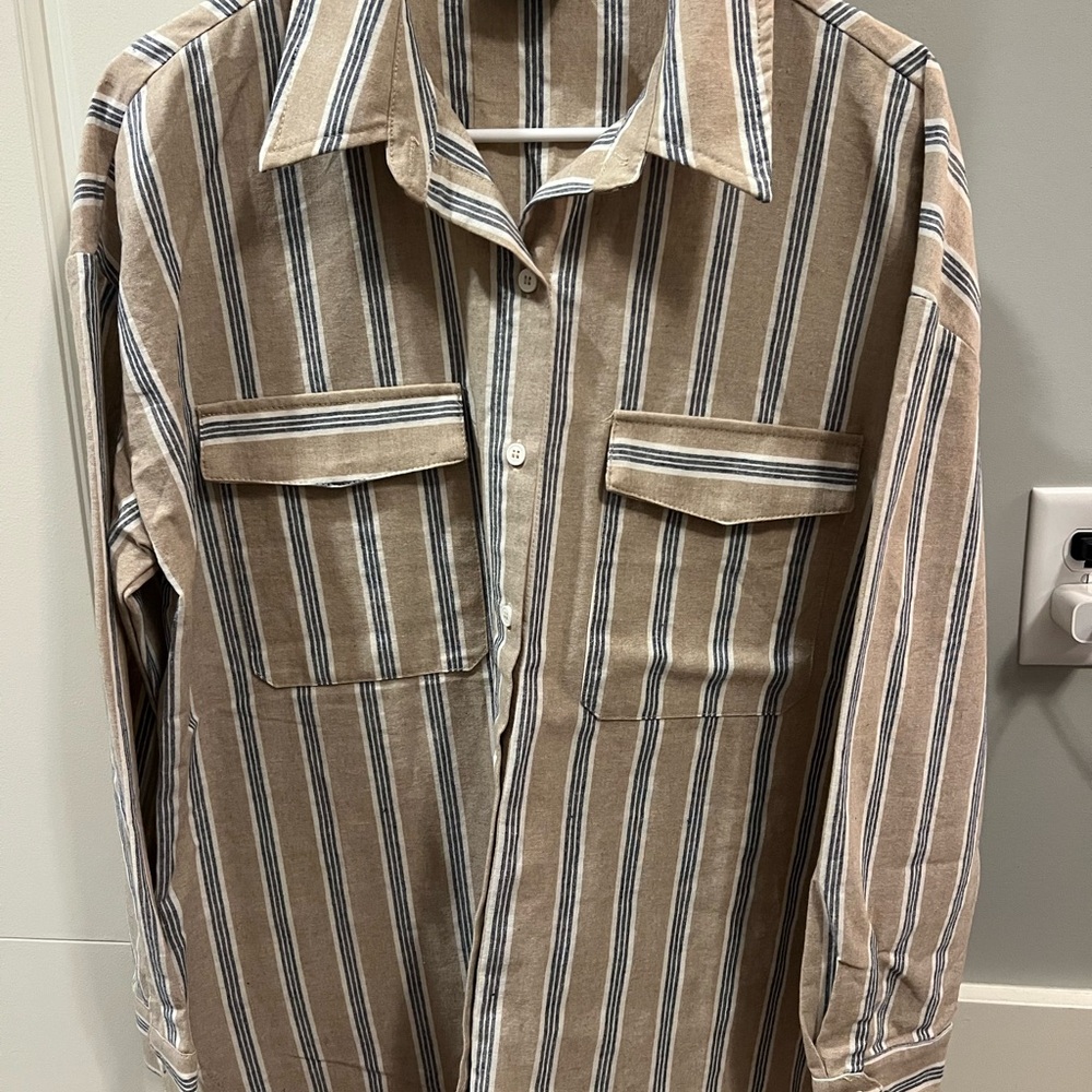 Striped Beige and Navy Women's Button Down Shirt